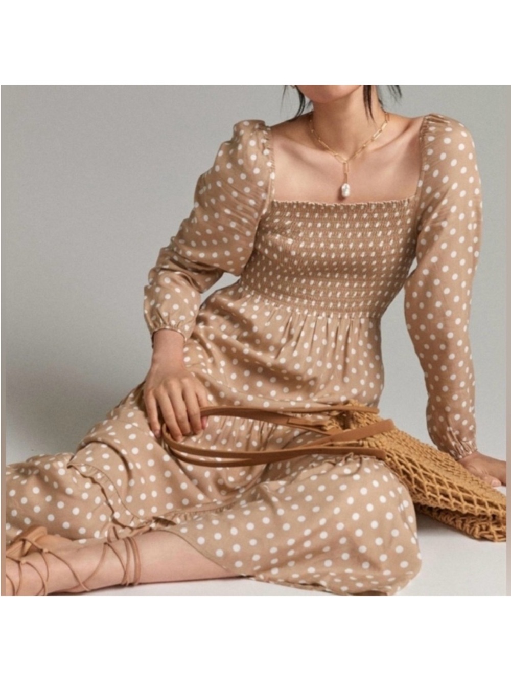 Dolan Smocked Tiered Maxi Dress Size XL Polka Dot Long Sleeve Cottagecore Spring